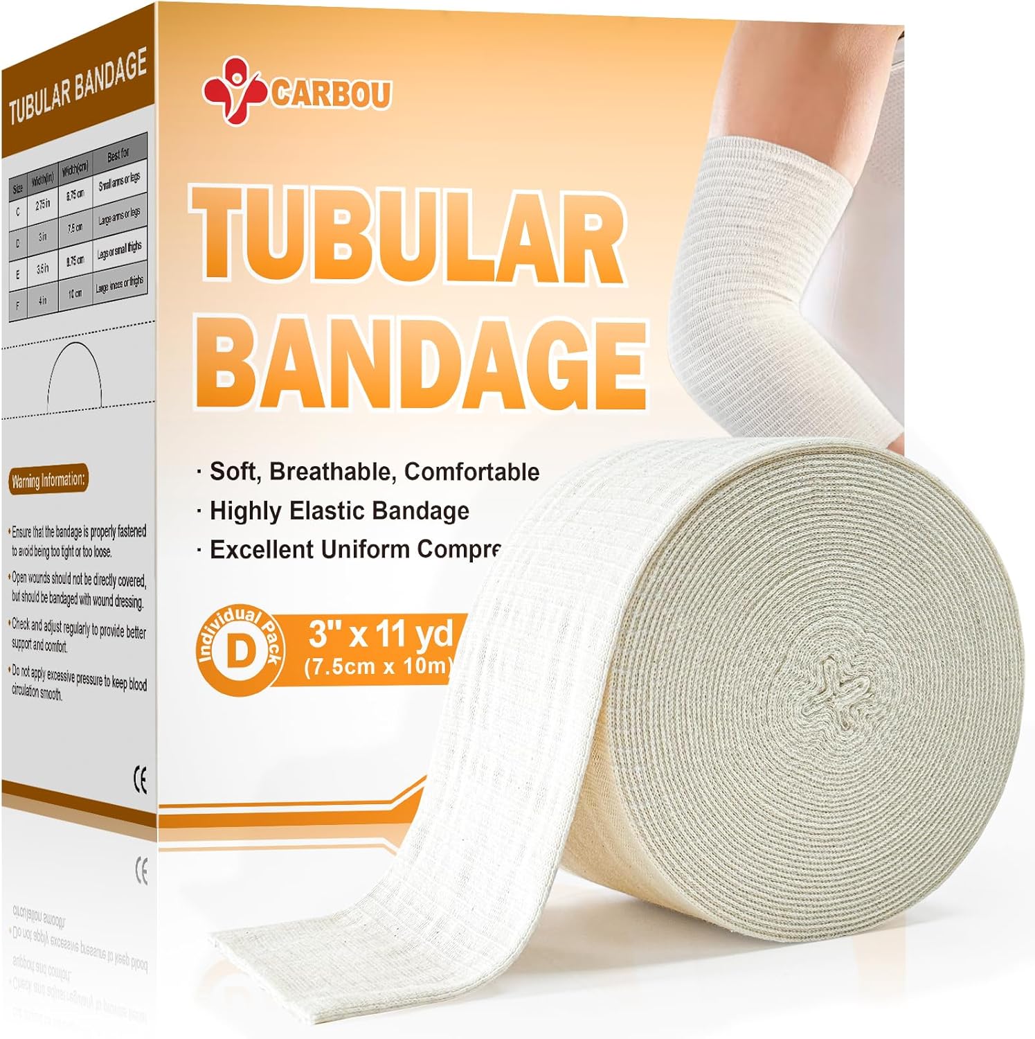 Carbou Elasticated Tubular Support Bandage 3" x 11 yd (Size D), Soft Stockinette Tubing for Legs, Arms, Knees, Thighs, Reusable Compression Support Bandage Roll for Joint Tissue