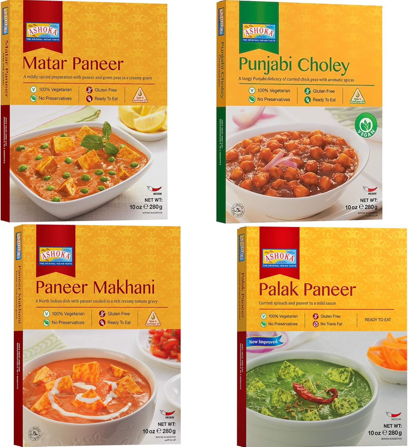Ashoka - Paneer Combo (Matar Paneer, Paneer Makhani, Punjabi Choley, Palak Paneer), 4 PACK, Ready to Eat Meals