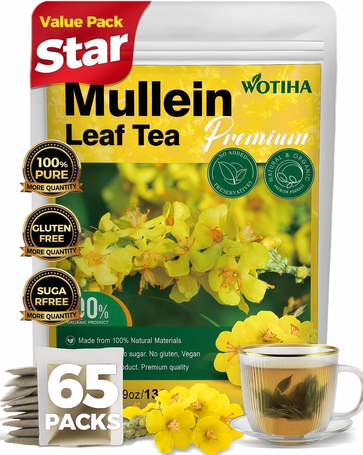 WOTIHA 65 Count Value Pack Premium Mullein Leaf Tea Bags - 100% Pure Natural Herbal tea, Lungs Cleanse & Respiratory Support, Caffeine-Free, No Additives, Non-GMO