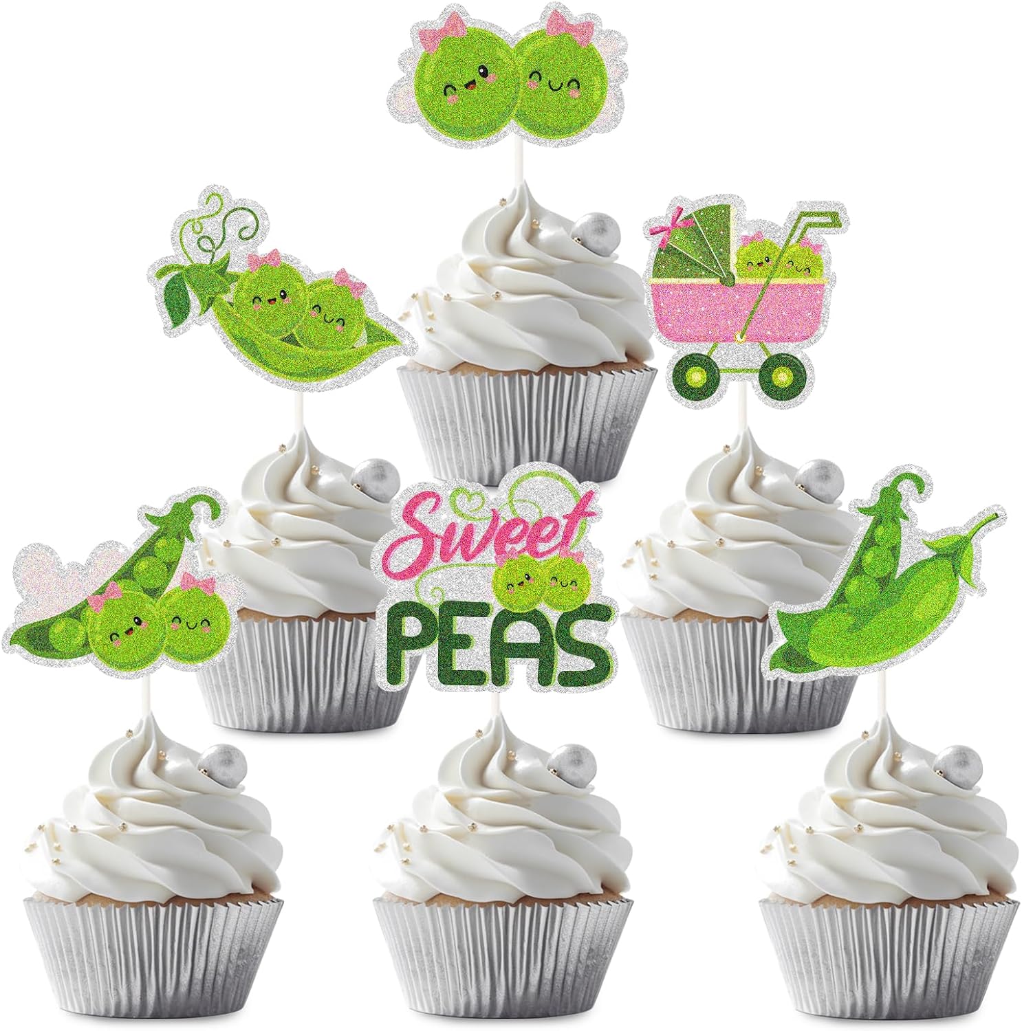 18 Pieces Pink Two Peas in a Pod Cupcake Toppers - Double The Fun Twins Girl Cupcake Picks - Pink Twins Baby Shower Gender Reveal Party Decorations