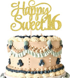 1 Pack Happy Sweet 16 Cake Topper Glitter 16th Birthday Cake Pick Cheers to 16 Years Old Cake Decorations for 16th Birthday Anniversary Party Supplies Gold