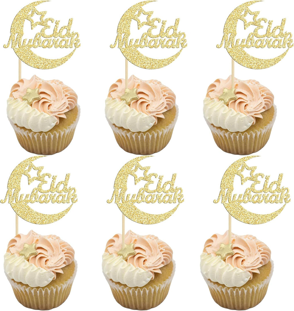 Gyufise 24Pcs Gold Glitter Eid Mubarak Cupcake Toppers Moon Happy Eid Ramadan Kareem Cake Decorations Islamic Muslim Party Supplies Decorations