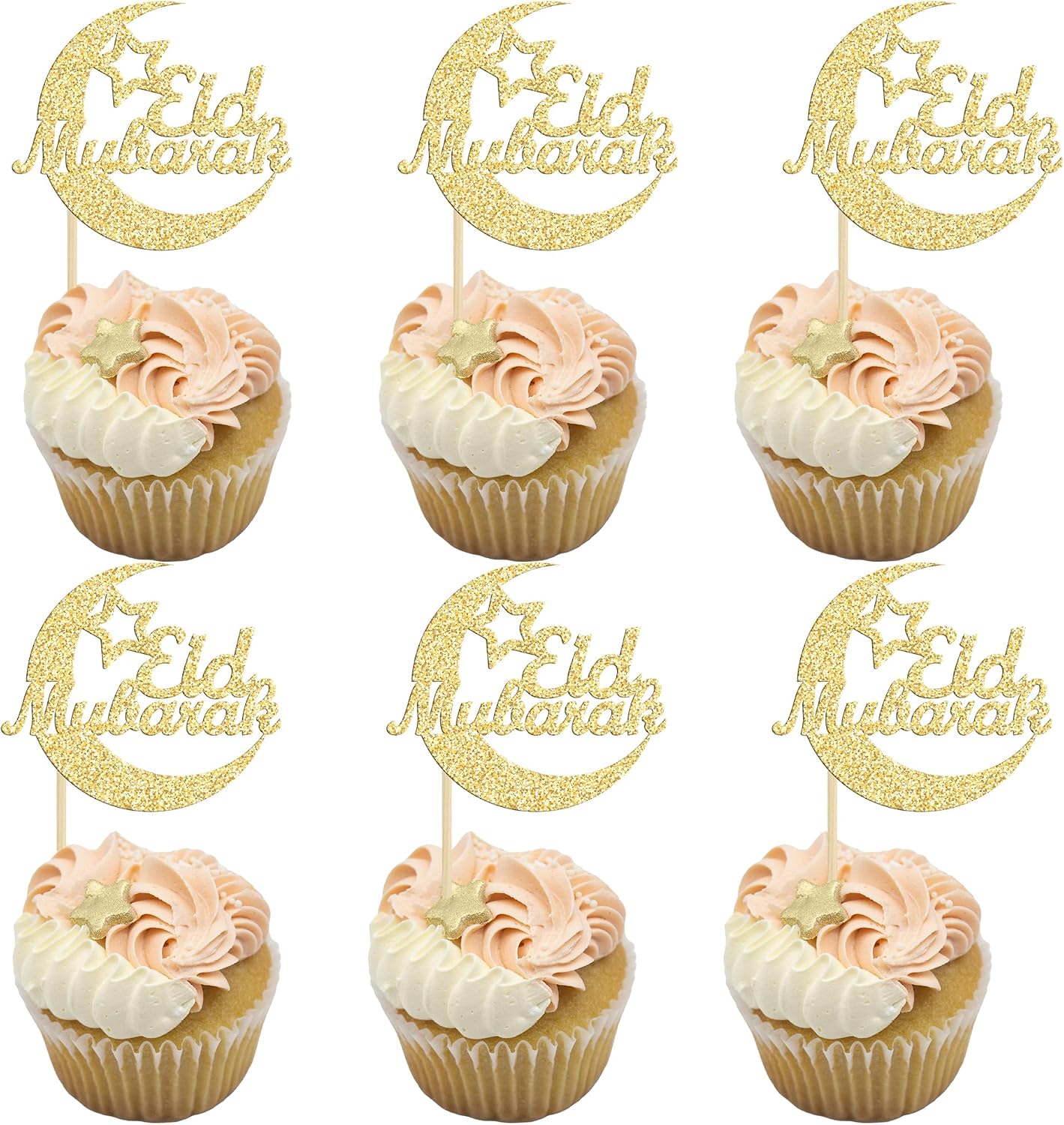 Gyufise 24Pcs Gold Glitter Eid Mubarak Cupcake Toppers Moon Happy Eid Ramadan Kareem Cake Decorations Islamic Muslim Party Supplies Decorations