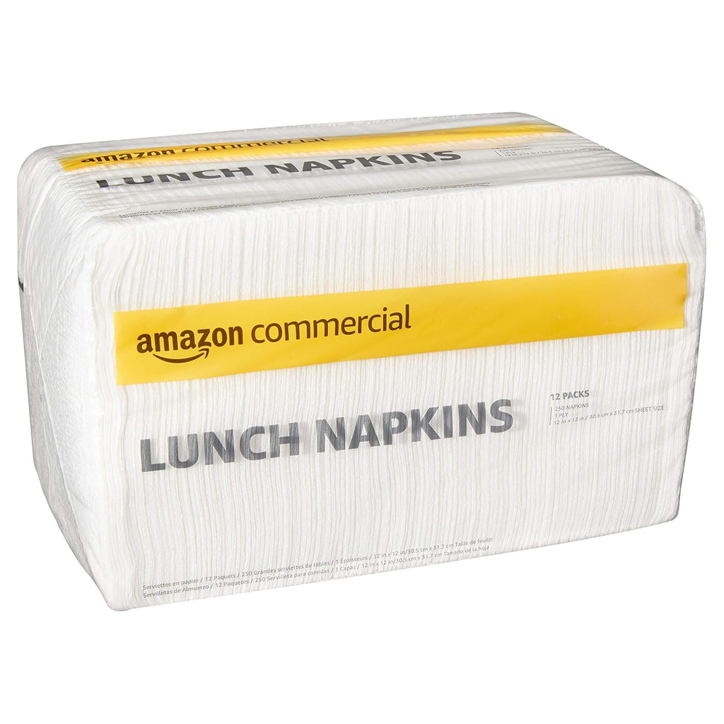 AmazonCommercial 1-Ply White Disposable Lunch Napkins for Restaurants and Events, Party Napkins, 250 Napkins per Pack (12 Packs), 12 x 12 Sheet