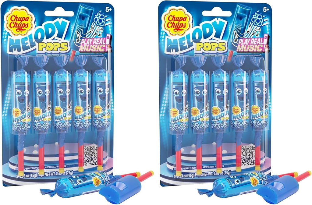 Chupa Chups Melody Pop, Blue Raspberry Flavor, Whistle Lollipops, Individually Wrapped Candy Suckers, 5 Count Pack (Pack of 2)
