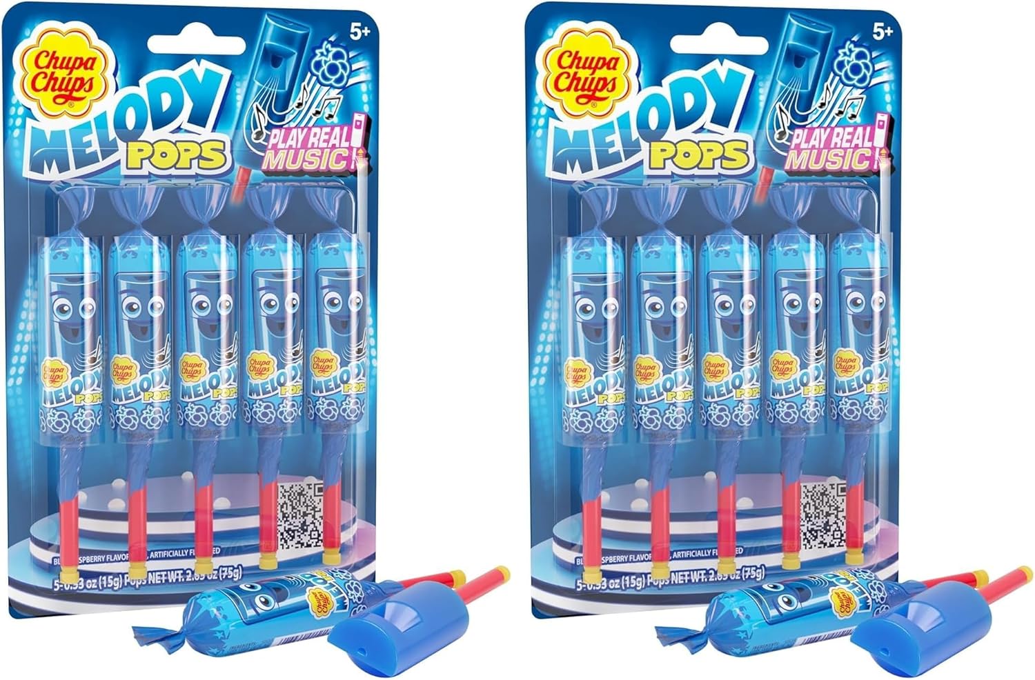 Chupa Chups Melody Pop, Blue Raspberry Flavor, Whistle Lollipops, Individually Wrapped Candy Suckers, 5 Count Pack (Pack of 2)