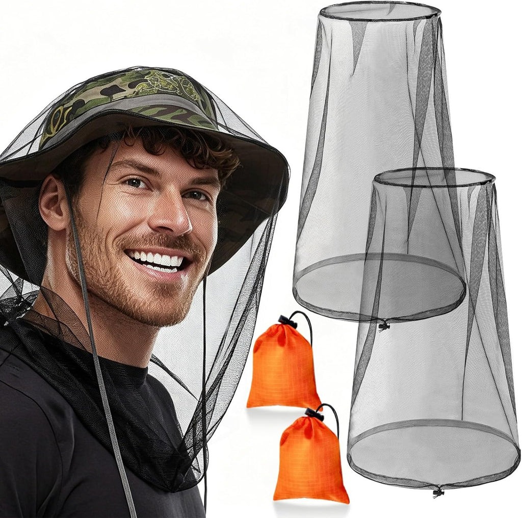 2 Pack Mosquito Head Nets with Drawstring - Ultra Large & Extra Long, Premium Breathable Bug Net for Head, Universal Fit for Hats, Mosquito Net Hat for Hiking, Camping, Fishing, Gardening