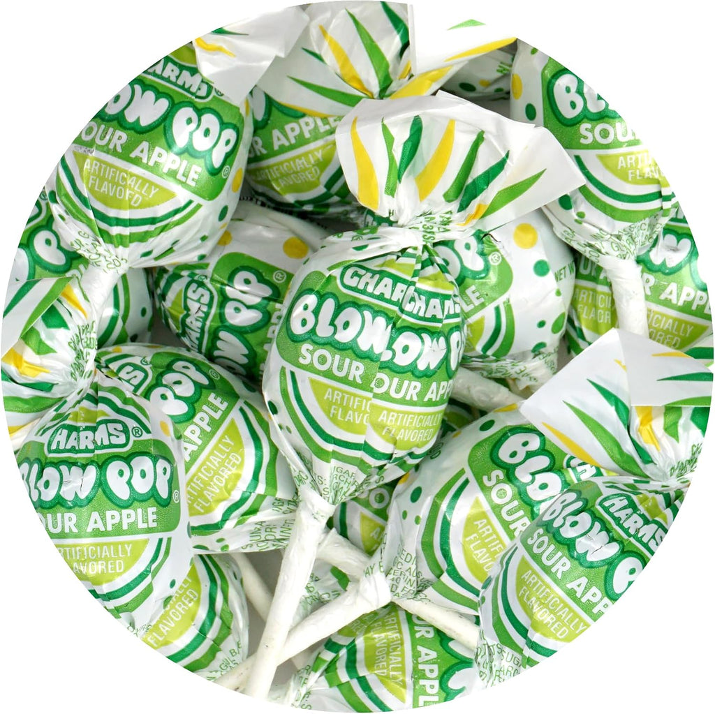 Charms Green Sour Apple Blow Pops, 1lb Bulk Bag (Approx 22), Green Apple Sour Candy Gum Filled Lollipops, Individually Wrapped Bulk Hard Candy, The Hampton Popcorn & Candy Company