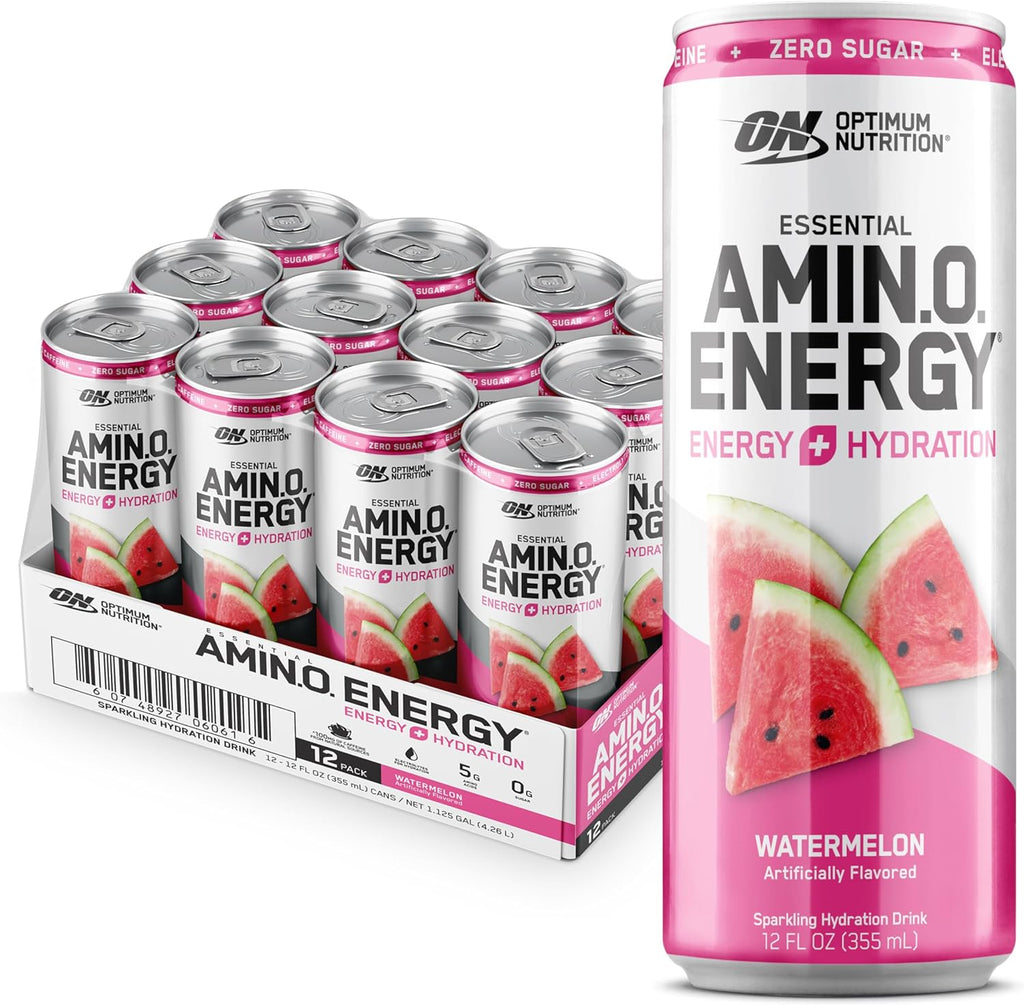 Optimum Nutrition Amino Energy Sparkling Hydration Drink, Electrolytes, Caffeine, Amino Acids, BCAAs, Sugar Free, Watermelon, 12 Fl Oz, 12 Pack (Packaging May Vary)