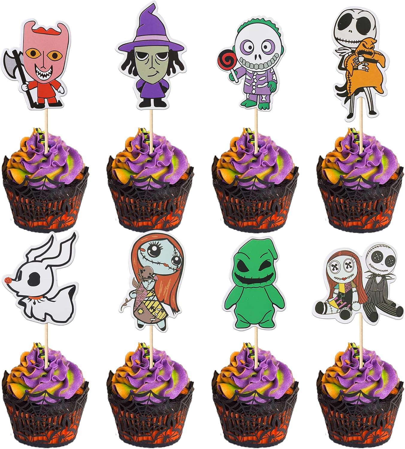 40 Pack Halloween Cupcake Toppers Skull Ghost Jack and Sally Cupcake Picks for Scary Christmas Halloween Anniversary Birthday Cake Decorations Party Supplies