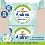 Andrex Washlets Toilet Wipes Flushable, Aloe Vera Fragrance, Certified 'Fine to Flush', Plastic Free & Biodegradeable, 12 Moist Toilet Tissue Packs