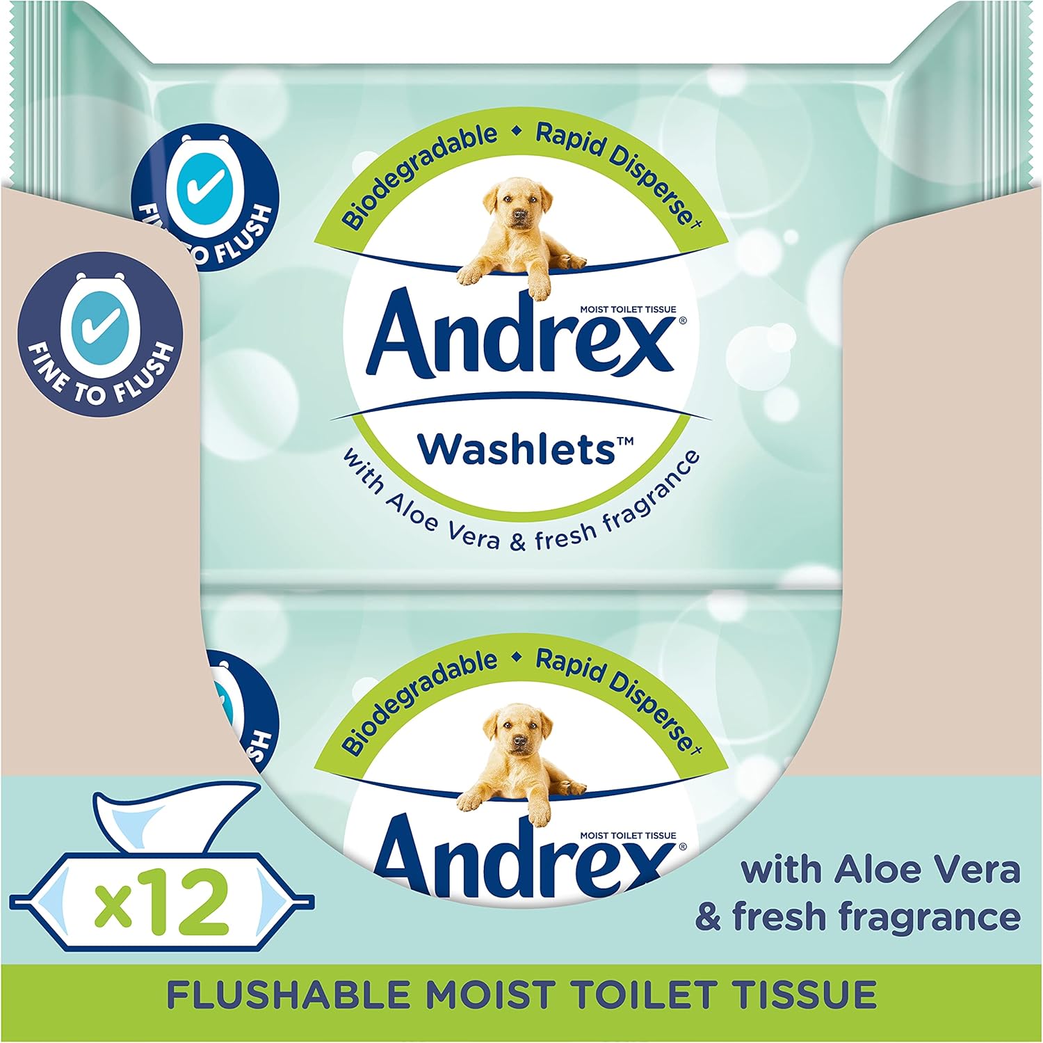 Andrex Washlets Toilet Wipes Flushable, Aloe Vera Fragrance, Certified 'Fine to Flush', Plastic Free & Biodegradeable, 12 Moist Toilet Tissue Packs
