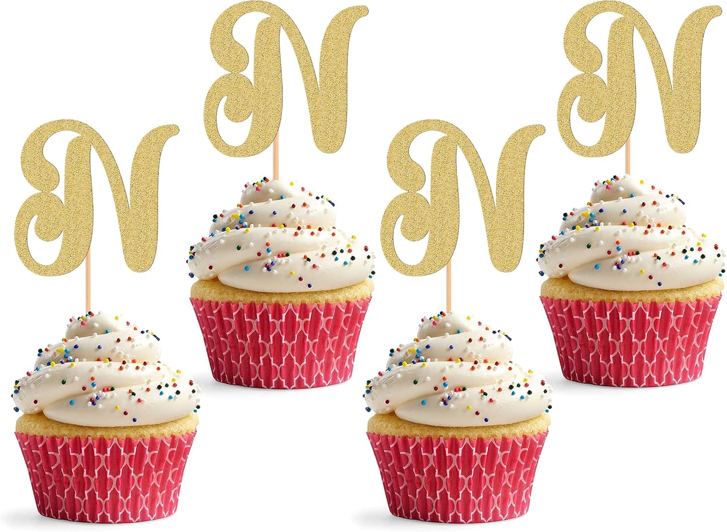 26 letter Cupcake Topper - 24 Pack Glitter Gold letter N Cupcake Decorations, Suitable for Birthday Party, Wedding Anniversary or Photo Booth Props (N)
