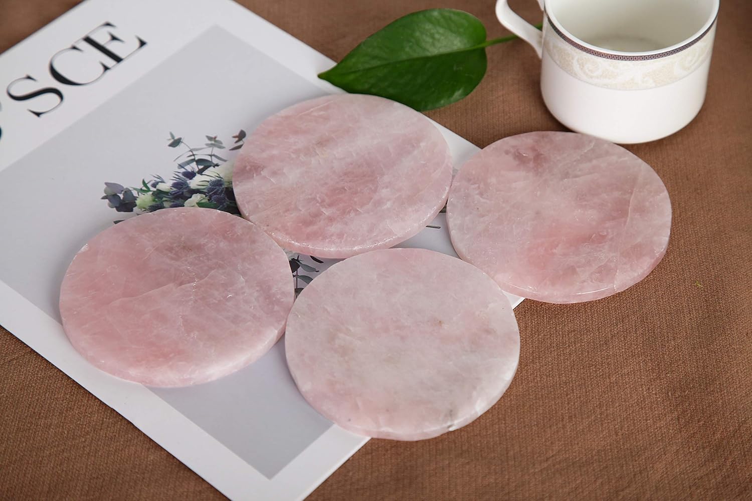 JIC Gem Natural Sliced Rose Quartz Crystal Coasters for Drinks Set of 4 Pink Healing Gemstone Geode Decor Slices with Rubber Bumper Gifts(8-10 cm)