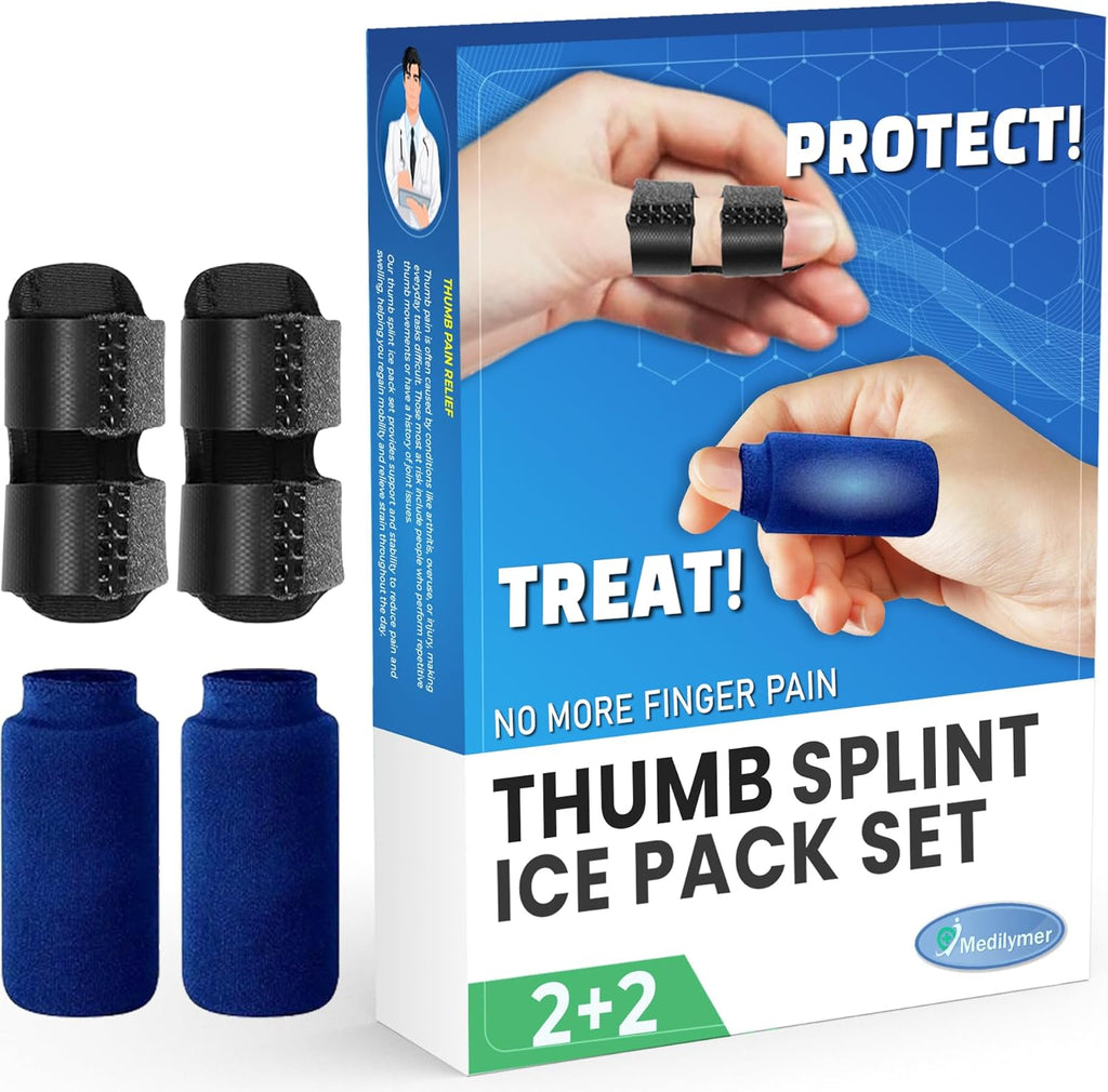 Thumb Splint and Ice Pack (2+2 Set) Trigger Thumb Splint For Pain Relief, Thumb Brace for Knuckle Immobilization, Thumb Spica for Arthritis, Mallet Finger, Also Fits Index, Ring, Pinky, Little, Small Fingers