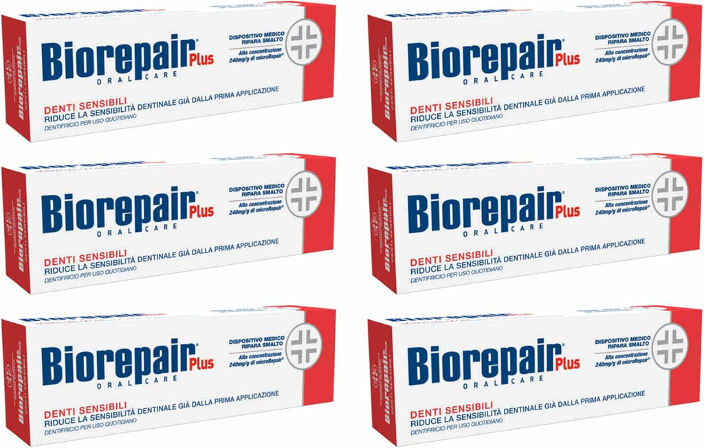 Biorepair Sensitive Teeth Daily Toothpaste - 2.54 Fluid Ounces (75ml) Tubes (Pack of 6) [ Italian Import ]
