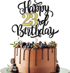 Happy 23rd Birthday Cake Topper, Black Gold Glitter Birthday Cake Topper, 23rd Anniversary/Twenty-three Birthday Party Cake Decoration Supplies