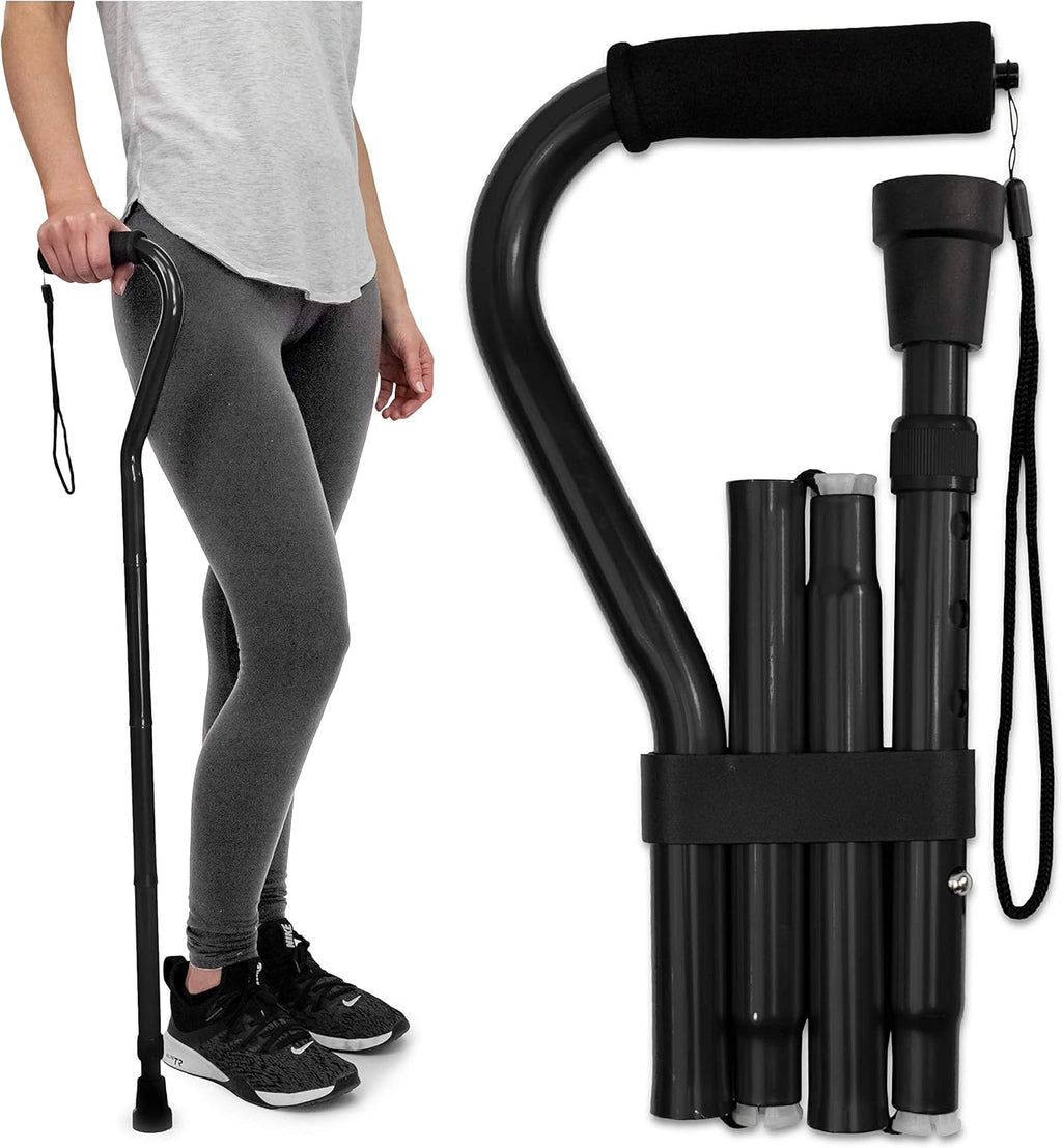 RMS Folding Cane with Offset Foam Handle, Adjustable Walking Stick with Carrying Pouch (Black)