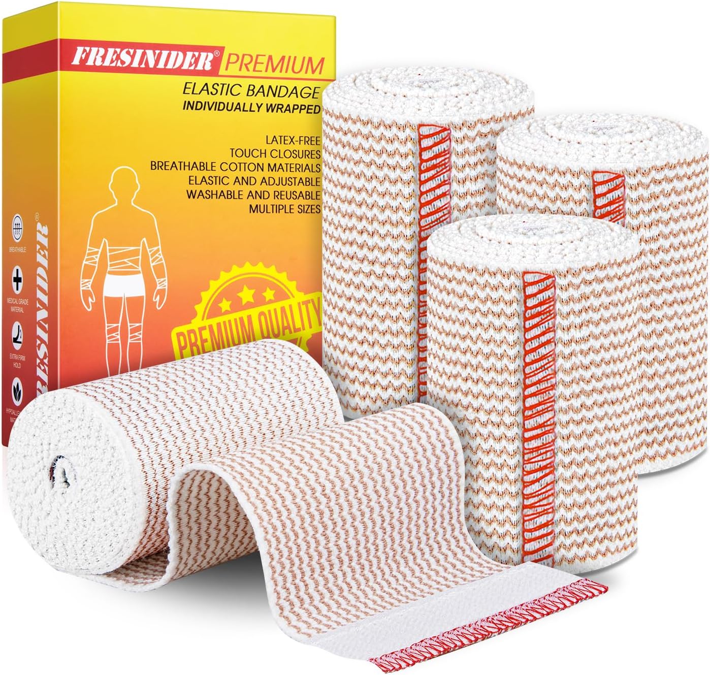 FRESINIDER Elastic Bandage Wrap, 3" x 4 Pack – Latex Free Cotton Compression Bandage with Hook & Loop Closure at Both Ends, Reusable Wrap for Sports, Medical, and Injury Recovery