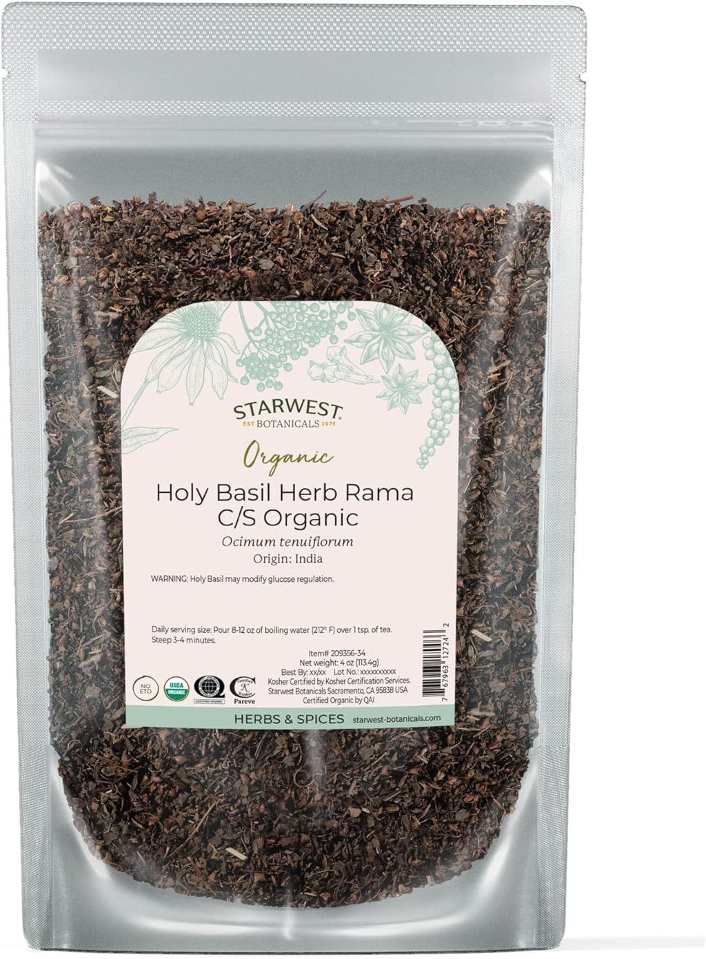 Starwest Botanicals Organic Tulsi Holy Basil - Dried Loose Leaf Herb for Tea & Cooking, Pure & Natural Ocimum Tenuiflorum (Rama), Cut & Sifted, Certified Kosher, Non-GMO - 4 oz Pouch