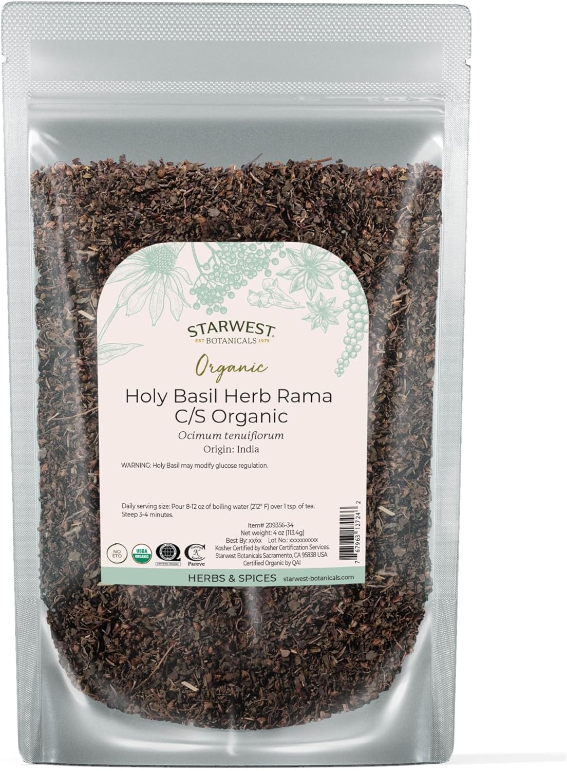 Starwest Botanicals Organic Tulsi Holy Basil - Dried Loose Leaf Herb for Tea & Cooking, Pure & Natural Ocimum Tenuiflorum (Rama), Cut & Sifted, Certified Kosher, Non-GMO - 4 oz Pouch