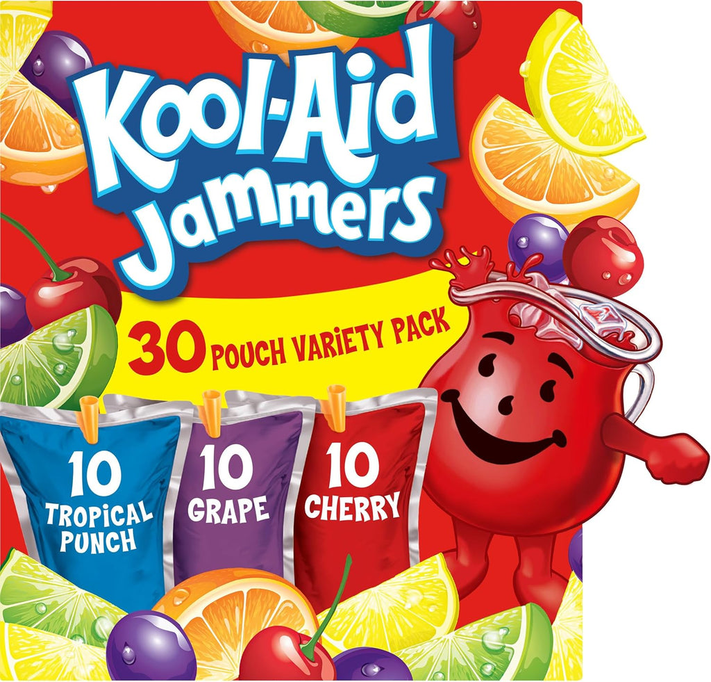 Kool-Aid Jammers Drink, 30 Pouches, for School Lunches and On-the-Go Hydration, Artificially Flavored Tropical Punch, Grape and Cherry Flavors, 6 fl oz