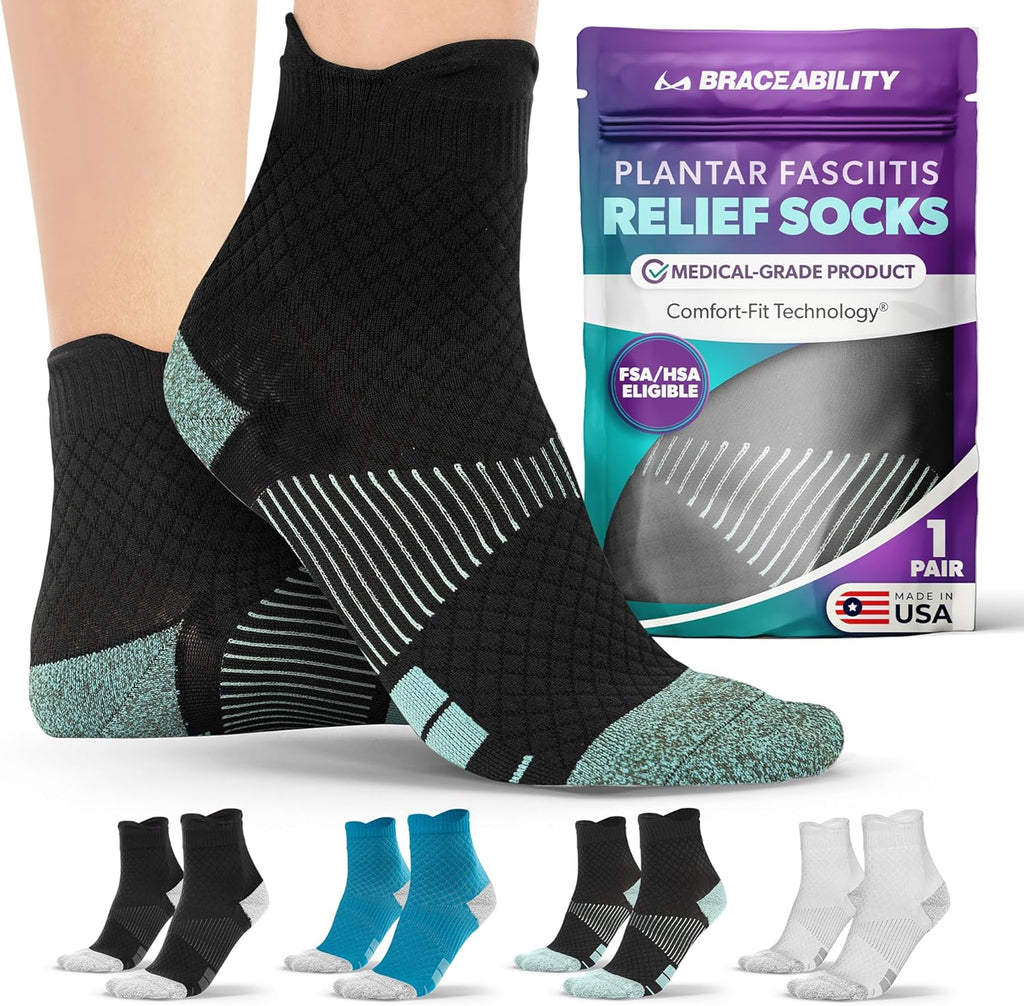 BraceAbility Plantar Fasciitis Socks - Ankle Compression Socks for Foot Pain Relief, Heel Spurs, Achilles Tendonitis, Full-Toe Arch Support Sleeve Socks for Women and Men (1 Pair - L Black/Blue)