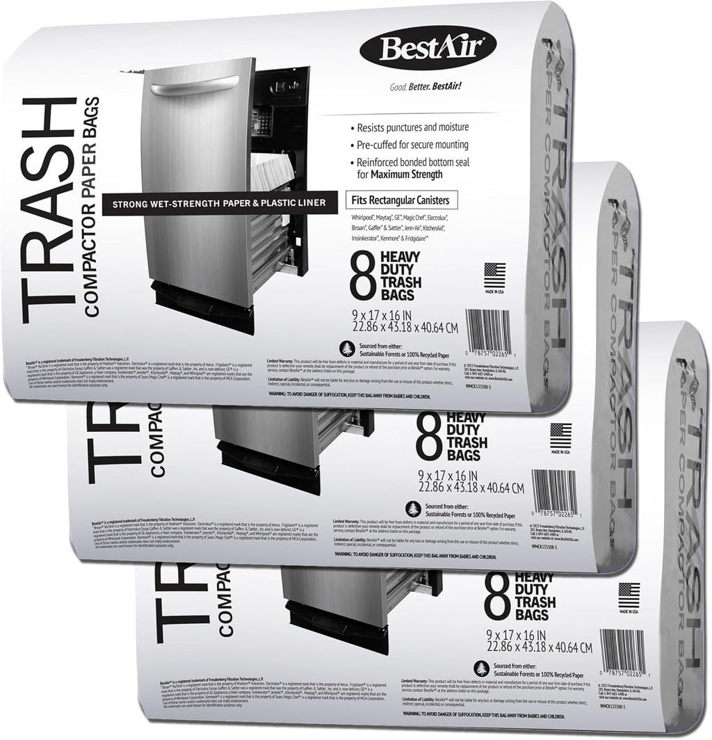 BestAir WMCK133508-3 Heavy Duty Trash Compactor Bags, 16'' D x 9'' W x 17'' H, 24 Count (Pack of 3), Brown