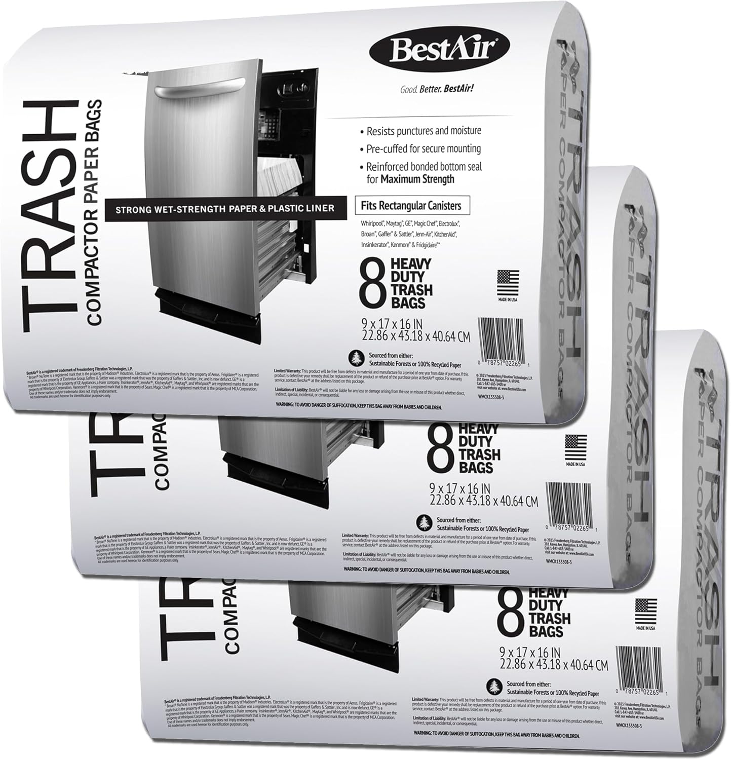 BestAir WMCK133508-3 Heavy Duty Trash Compactor Bags, 16'' D x 9'' W x 17'' H, 24 Count (Pack of 3), Brown