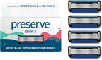 Preserve Shave 5 Razor Blades Refills - 5 Blade Razors for Men & Women - Ceramic Coated Shavers for Comfort with Aloe-Cocoa Butter Strip - Reusable Shaving Refill - 4 Pack