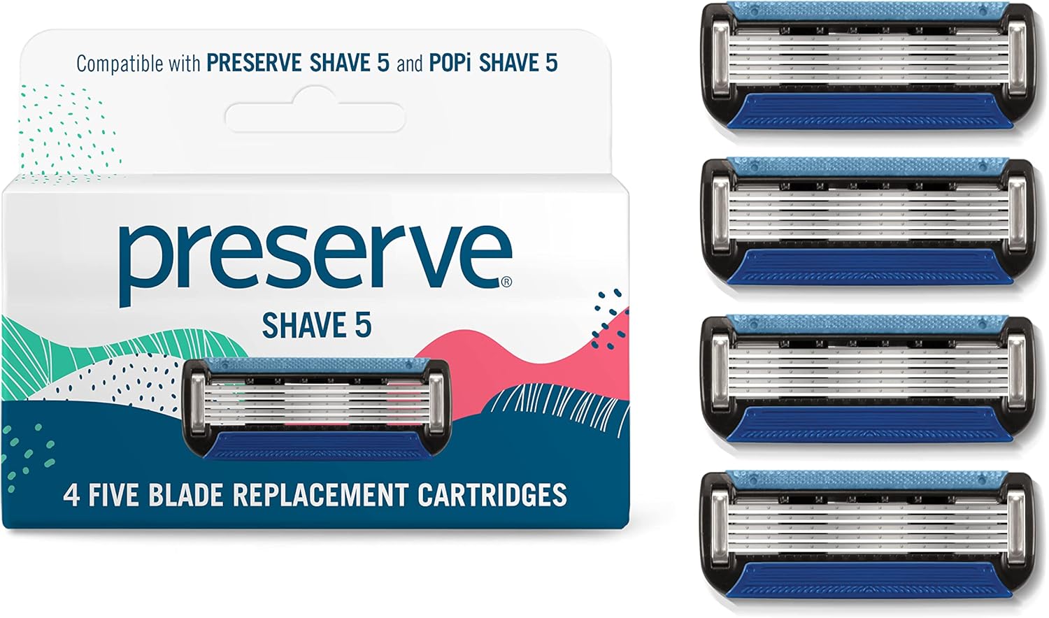 Preserve Shave 5 Razor Blades Refills - 5 Blade Razors for Men & Women - Ceramic Coated Shavers for Comfort with Aloe-Cocoa Butter Strip - Reusable Shaving Refill - 4 Pack