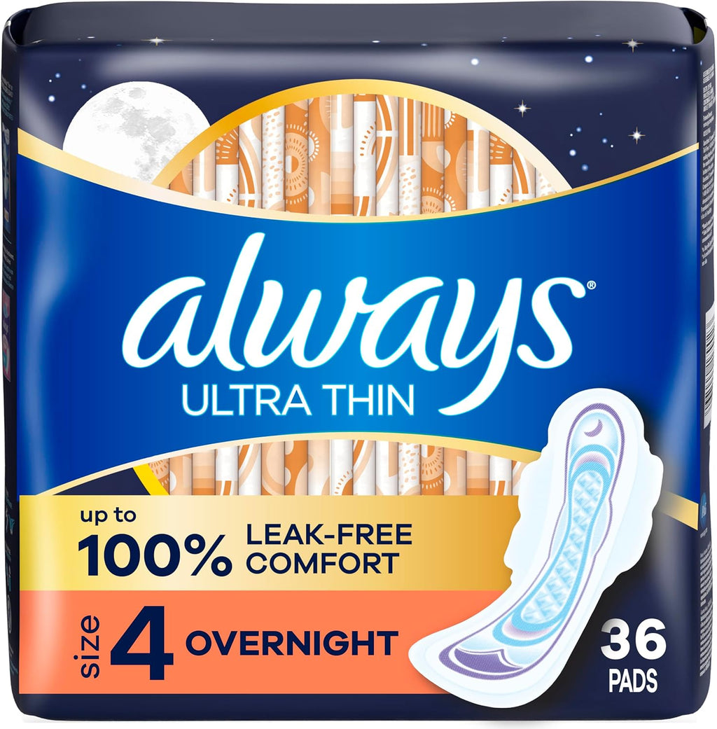 Always Ultra Thin Feminine Pads with Wings for Women, Size 4, Overnight Absorbency, Unscented, Up to 100% Leak-Free Comfort, 36 Count
