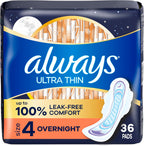 Always Ultra Thin Feminine Pads with Wings for Women, Size 4, Overnight Absorbency, Unscented, Up to 100% Leak-Free Comfort, 36 Count
