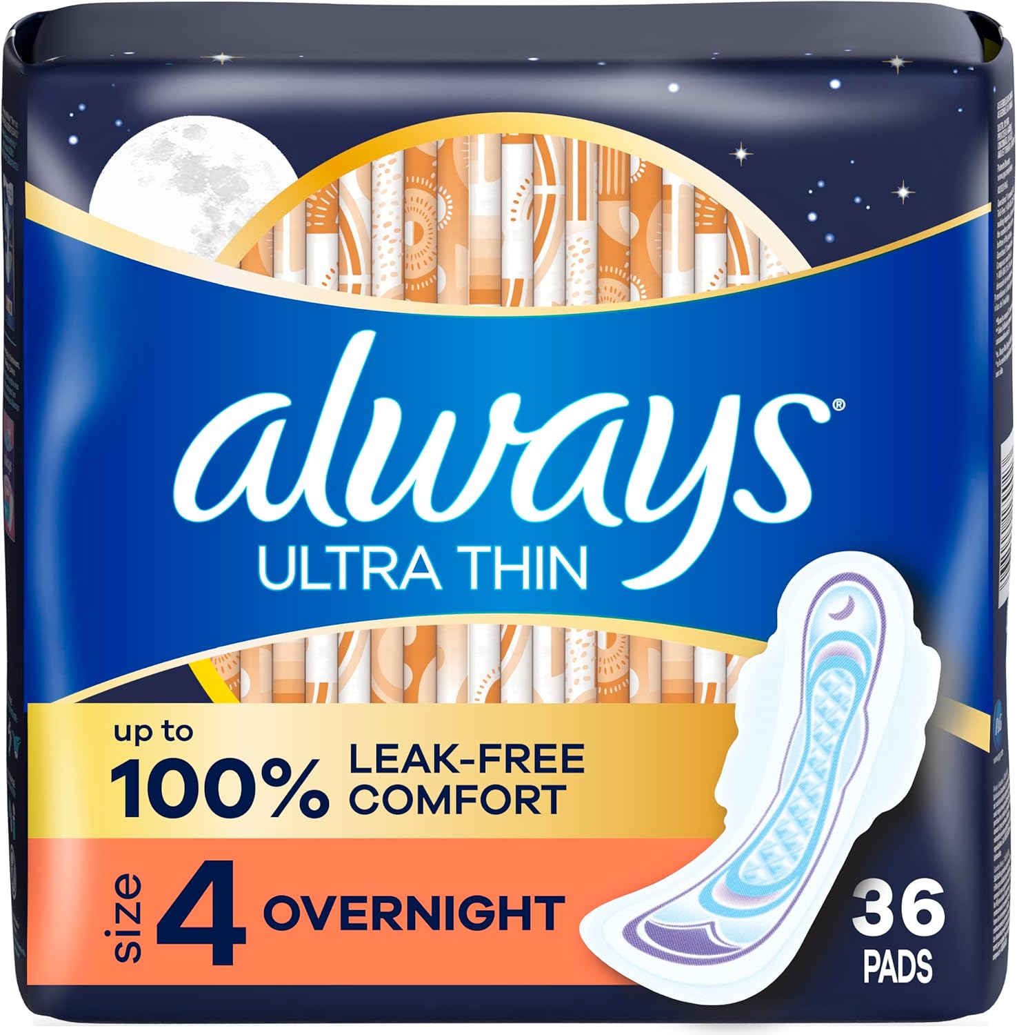 Always Ultra Thin Feminine Pads with Wings for Women, Size 4, Overnight Absorbency, Unscented, Up to 100% Leak-Free Comfort, 36 Count