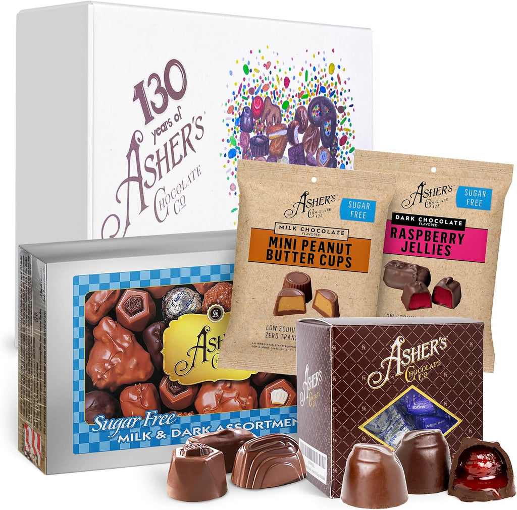 Asher's Chocolates Holiday Gift Box, Milk and Dark Chocolate Assortment, Small Batches of Kosher Chocolate, Family Owned Since 1892, Assorted Chocolate Gift Set (4 Sugar Free Items, Sugar Free Lovers)