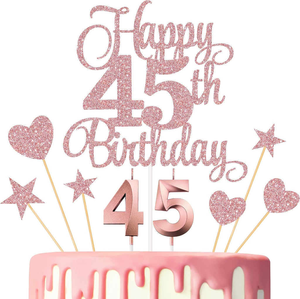 45th Birthday Cake Decorations, 45th Birthday Candles Cake Numeral Candles and Glitter Happy 45th Birthday Cake Toppers Set for Birthday Party Supplies (Rose Gold)