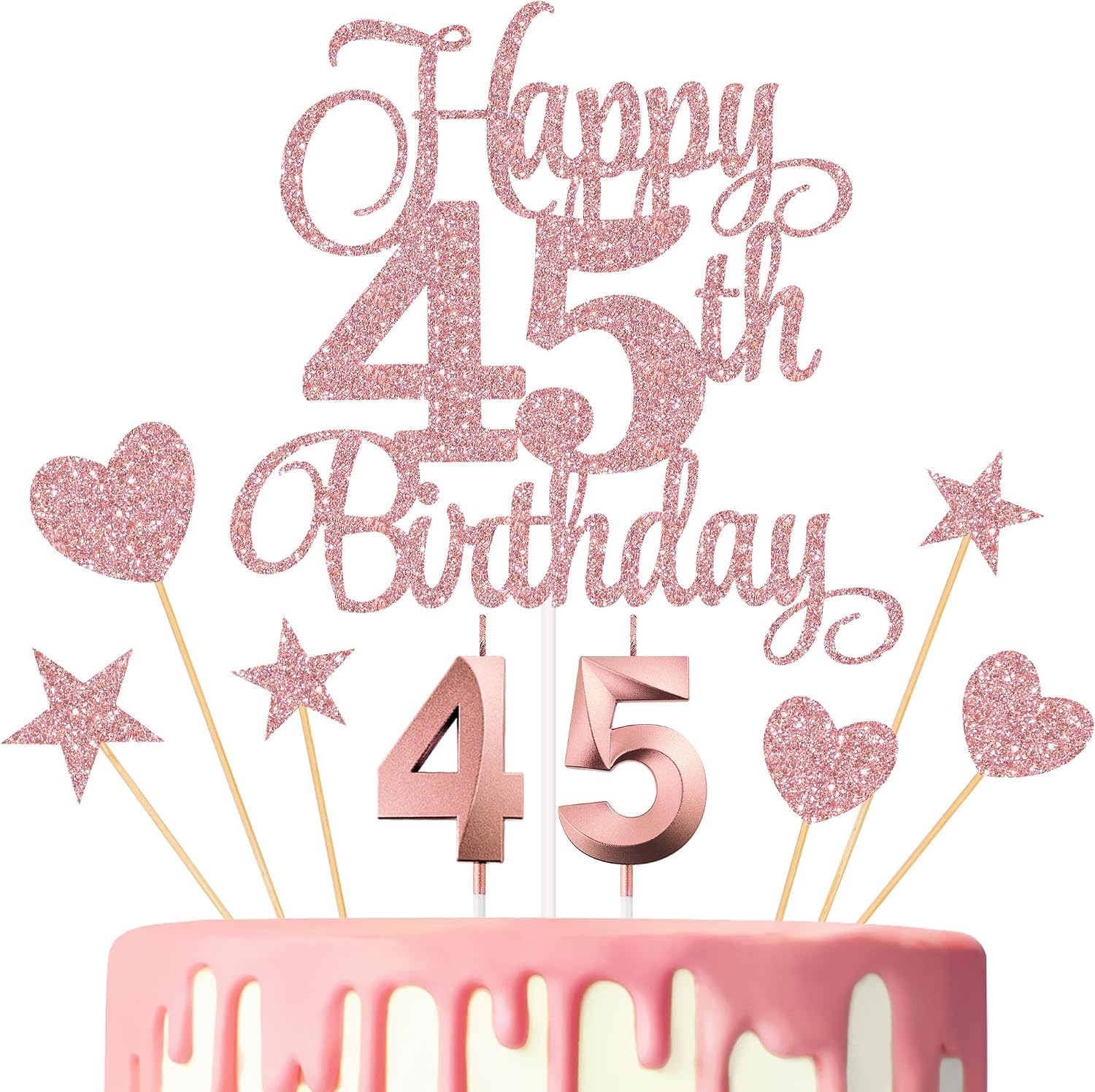 45th Birthday Cake Decorations, 45th Birthday Candles Cake Numeral Candles and Glitter Happy 45th Birthday Cake Toppers Set for Birthday Party Supplies (Rose Gold)