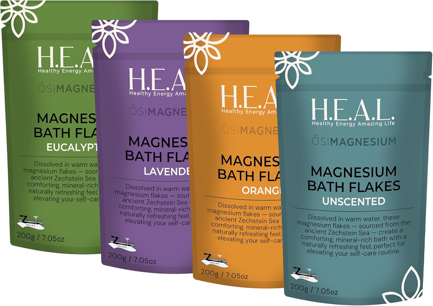 Magnesium Bath Flakes 4-Pack (7 oz Each) – Unscented, Eucalyptus, Lavender & Orange – Pure Magnesium Chloride Bath Soak Variety Bundle – Save 10%