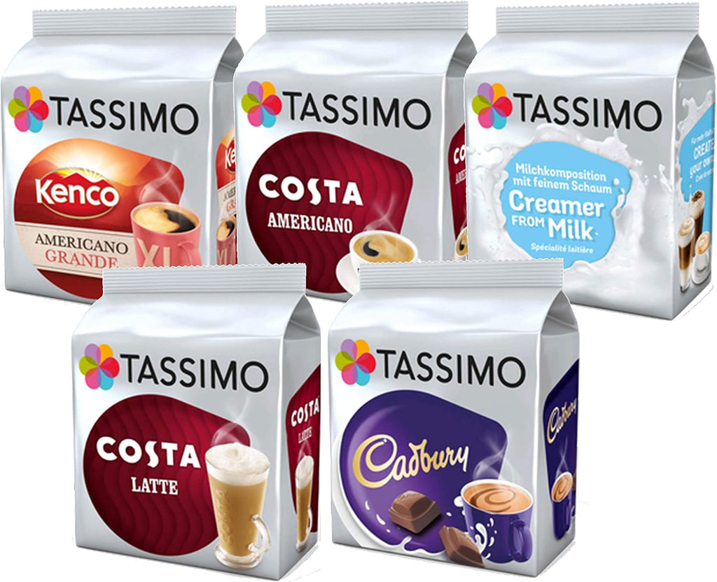 Tassimo Coffee Selection - Kenco Americano/Costa Americano/Costa Latte/Cadbury's Hot Chocolate/Milk Creamer - 5 Packs (48 Servings)