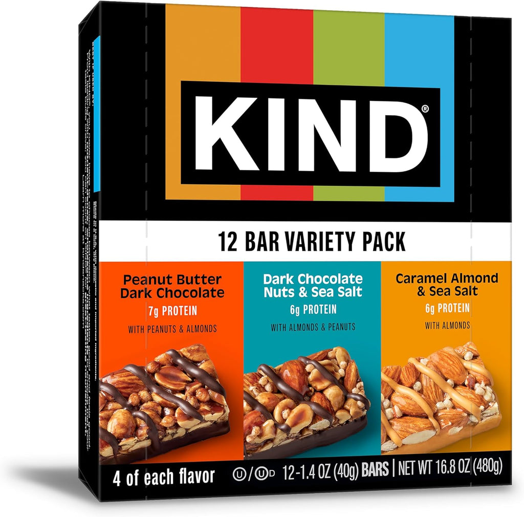 KIND Healthy Snacks Bars Variety Pack, Gluten Free, Low Sugar, High Fiber Snacks, Dark Chocolate Nuts & Sea Salt, Peanut Butter Dark Chocolate, Caramel Almond & Sea Salt, 6-7g Protein, 12 Count