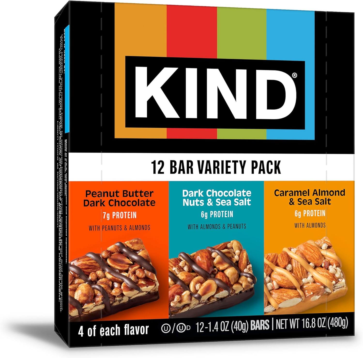 KIND Healthy Snacks Bars Variety Pack, Gluten Free, Low Sugar, High Fiber Snacks, Dark Chocolate Nuts & Sea Salt, Peanut Butter Dark Chocolate, Caramel Almond & Sea Salt, 6-7g Protein, 12 Count