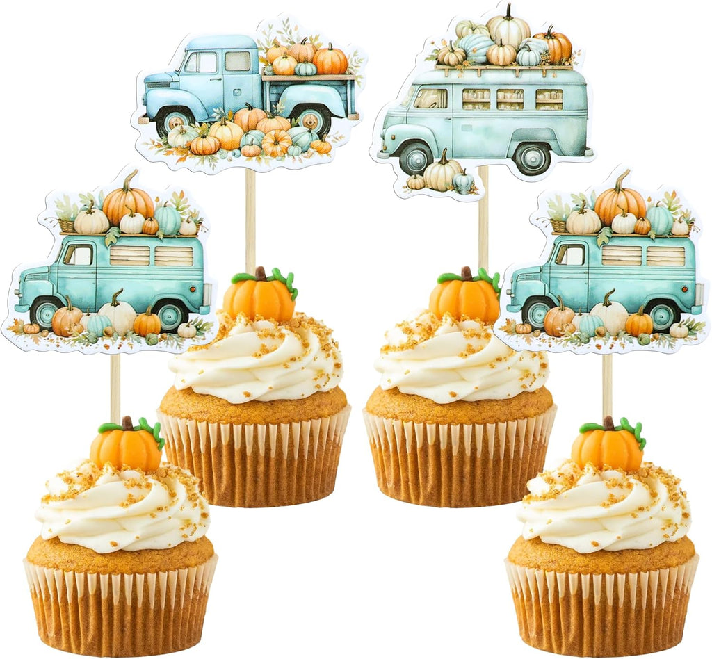 Ephlyn 36Pcs Pumpkin Truck Cupcake Toppers Fall Harvest Pumpkin Truck Cupcake Picks for Fall Harvest Theme Thanksgiving Party Birthday Decorations Supplies Blue