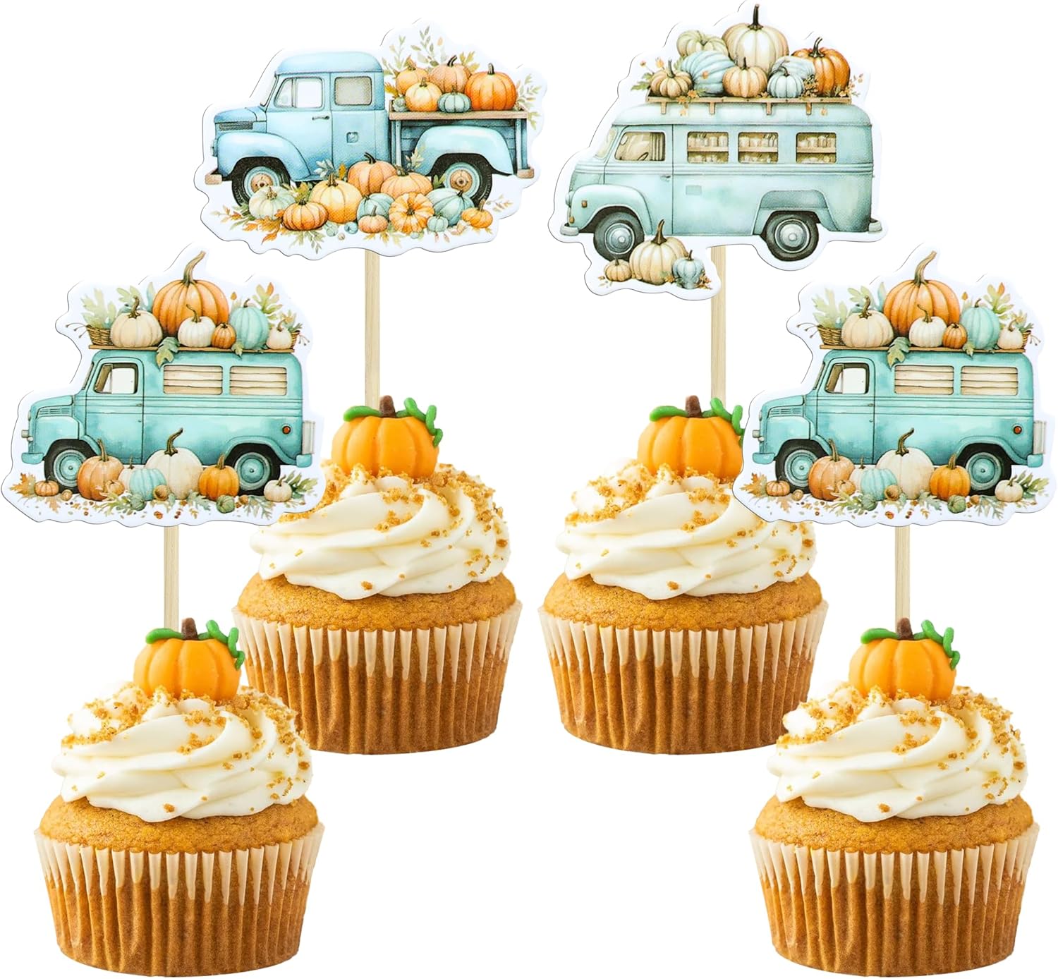 Ephlyn 36Pcs Pumpkin Truck Cupcake Toppers Fall Harvest Pumpkin Truck Cupcake Picks for Fall Harvest Theme Thanksgiving Party Birthday Decorations Supplies Blue