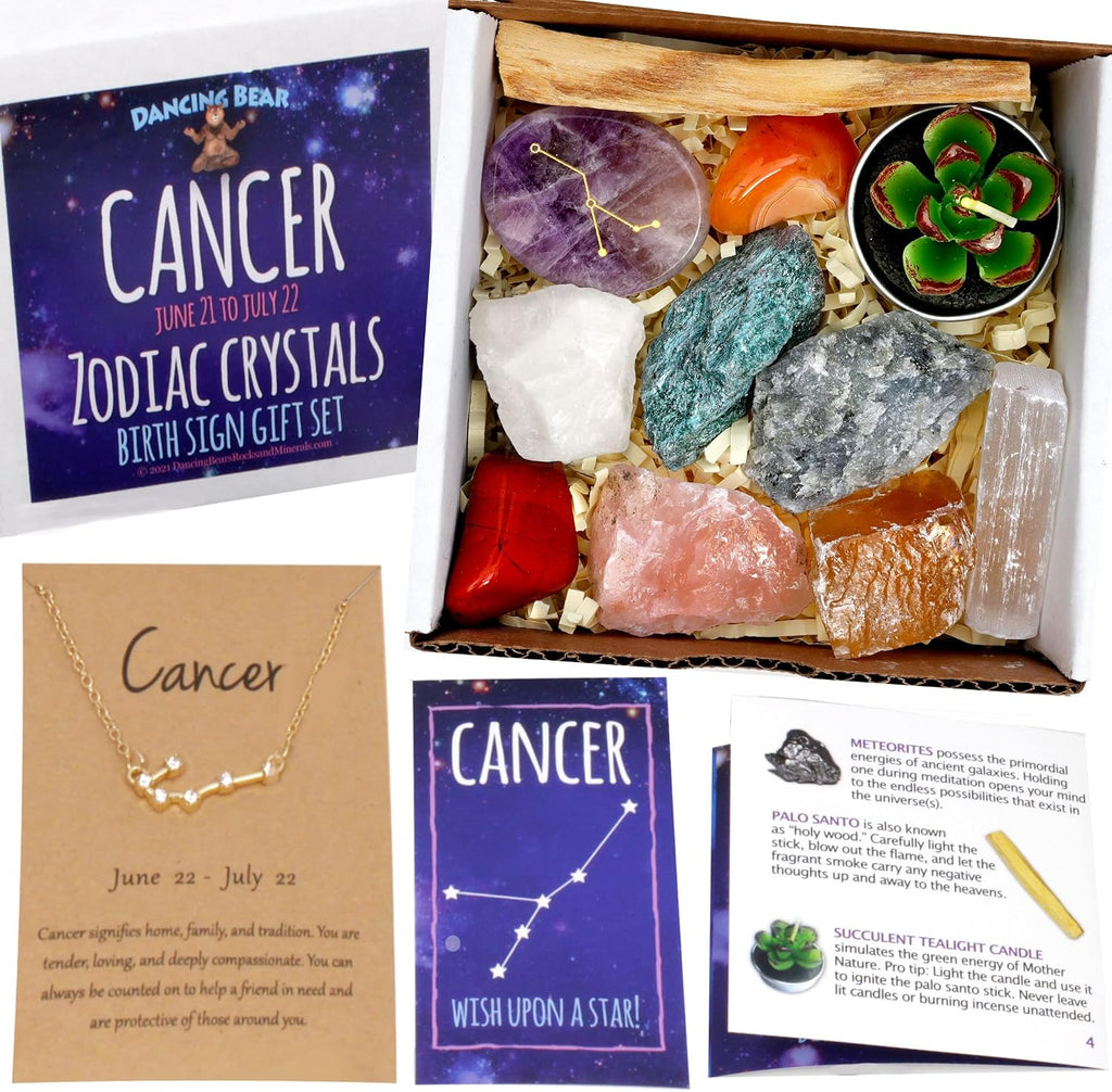 DANCING BEAR Cancer Zodiac Healing Crystals Gift Set, (14 Pc): 9 Stones, 18K Gold-Plated Constellation Necklace, Meteorite, Succulent Candle, Palo Santo Smudge Stick, and Info Guide, Made in The USA