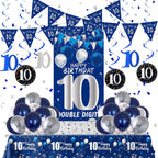 10th Birthday Decorations for Boys Girls, Blue Silver 10th Birthday Decorations Backdrop with Happy 10th Birthday Banner, Number 10 Hanging Swirls, Triangle Flag, 10 Years Old Party Decor Supplies