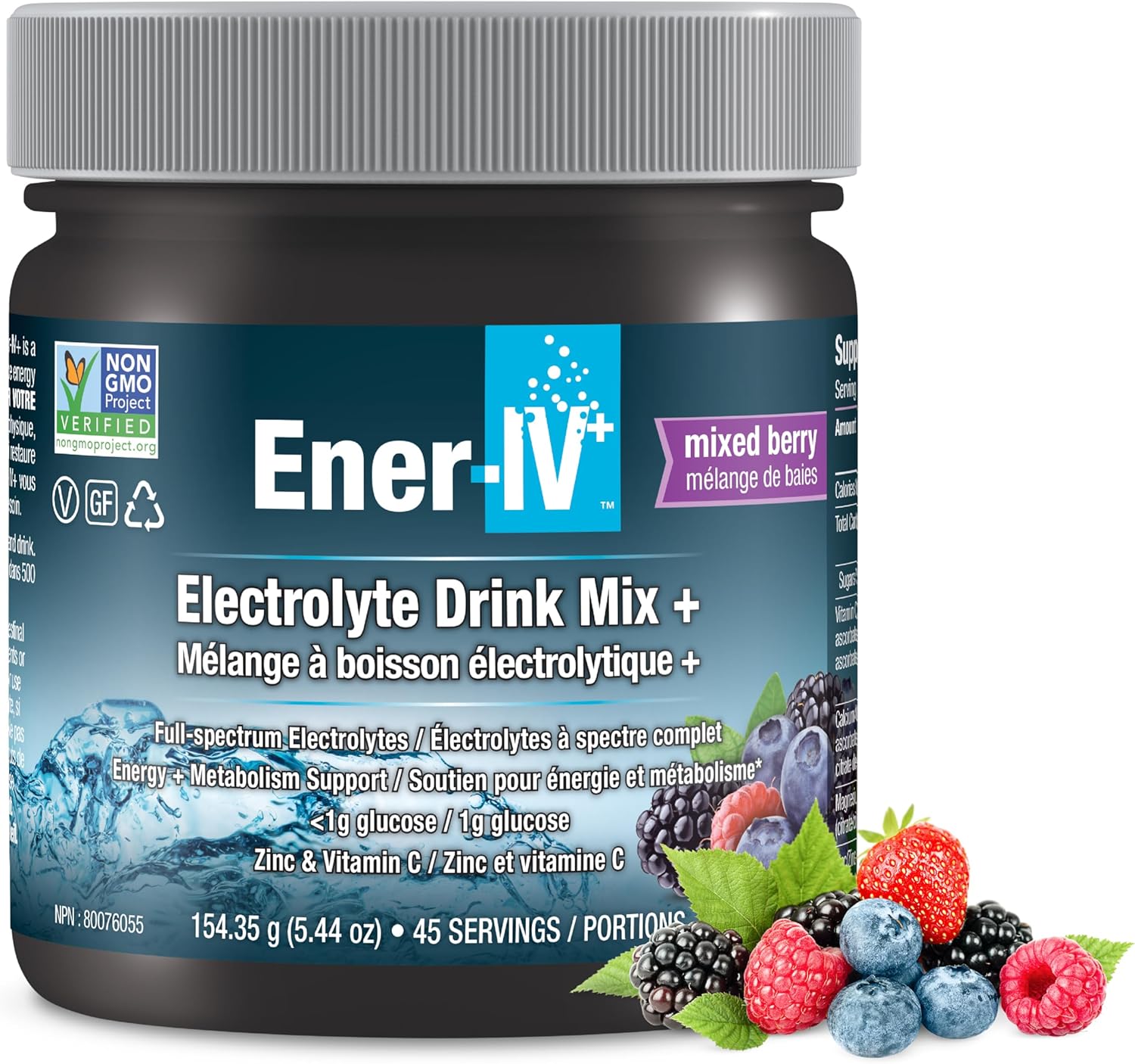 Ener-IV Electrolyte Drink Mix - Electrolytes Powder, Hydration Powder Drink, Hydrate Liquid Mix, Low Sugar Rehydration for Women & Men, Natural Flavors, Non GMO - Mixed Berry, 45 Servings