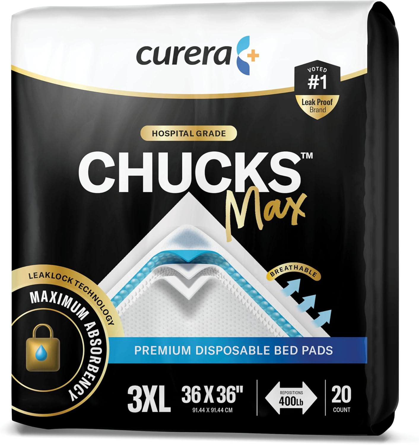 Chucks® MAX Hospital Bed Pads Disposable Adult 36 x 36 Breathable Incontinence Pads - XXX-Large Pee Pads for Adults - Heavy Duty 10X Absorbency Underpads - 400 Lbs. Patient Repositioning [20 Count]