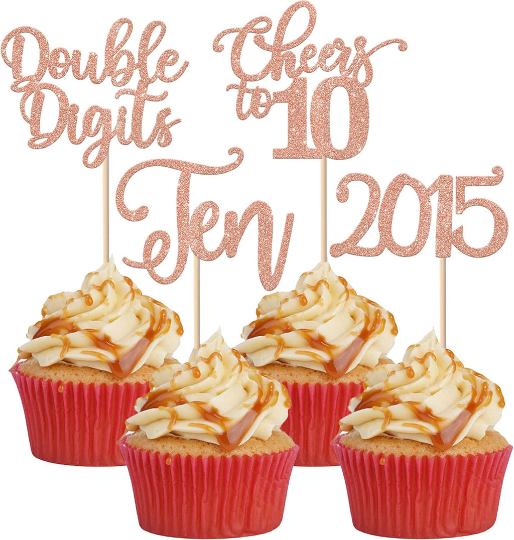 24 Pack 10th Birthday Cupcake Toppers Glitter Ten Since 2015 Hello 10 Years Birthday 10 Cupcake Picks Double Digits Cake Decorations for Happy 10th Birthday Anniversary Party Supplies Rose Gold