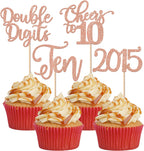 24 Pack 10th Birthday Cupcake Toppers Glitter Ten Since 2015 Hello 10 Years Birthday 10 Cupcake Picks Double Digits Cake Decorations for Happy 10th Birthday Anniversary Party Supplies Rose Gold