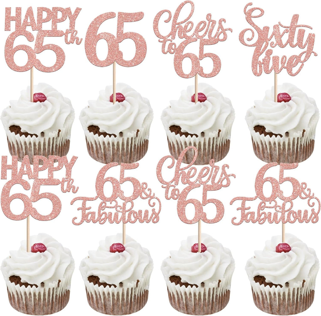 30 Pack 65th Birthday Cupcake Toppers Glitter Sixty-five Cheers to 65 Cupcake Picks Hello 65 Cake Decorations for Happy 65th Birthday Anniversary Party Supplies Rose Gold